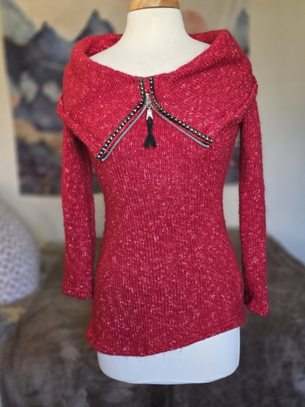 Zone Bleue Paris Vintage Silk Knit Red Off Shoulder Asymmetrical Zip Sweater XS - Picture 3 of 14